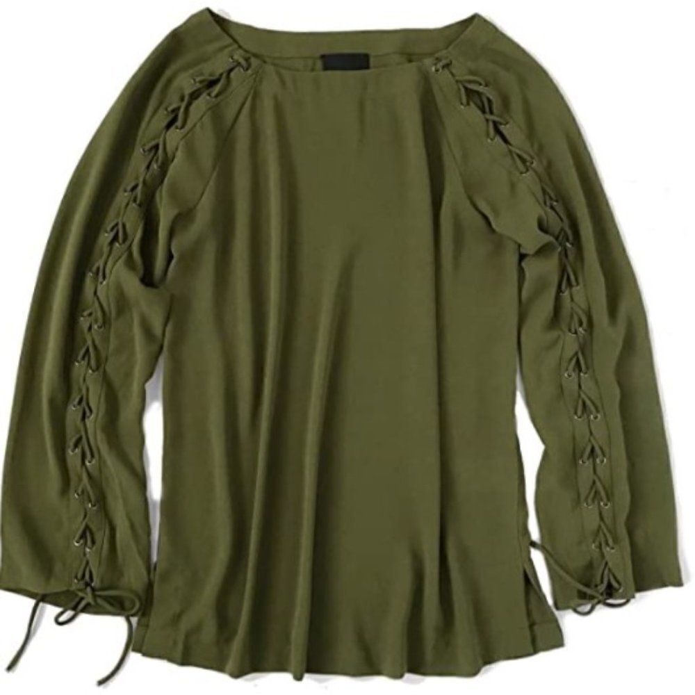 Anthropologie Greylin Lace-Tie Long Sleeve Blouse Top size Small Olive Green